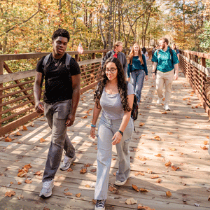 Students walking on a bridge.